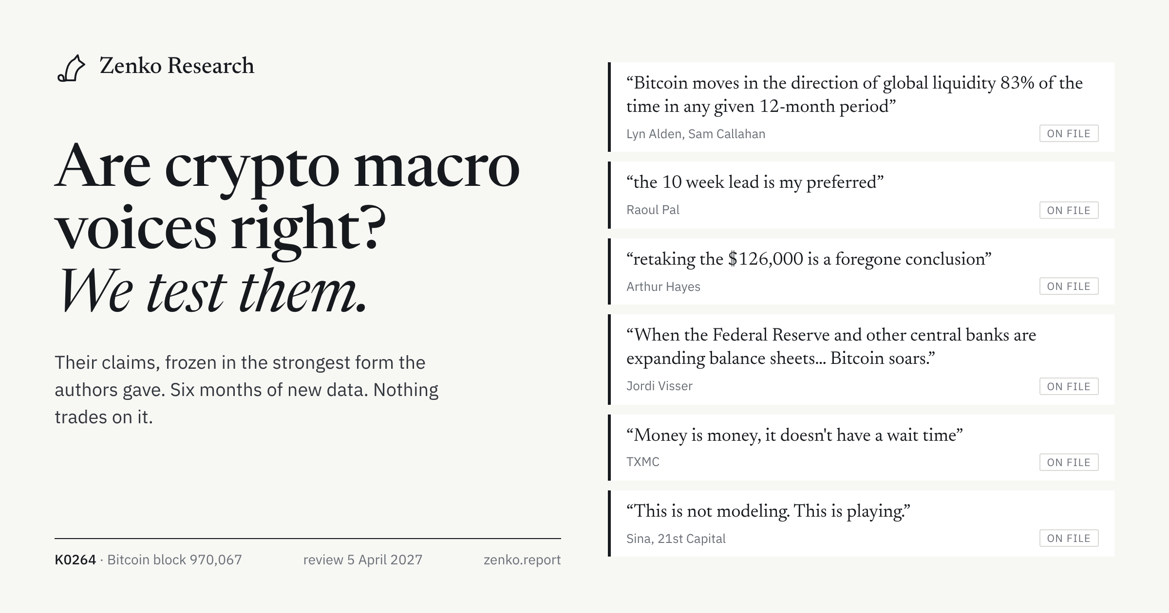 Are crypto macro voices right? We test them. Six quotes from the voices and critics, each on file under Kitsunebi row K0264, review 5 April 2027